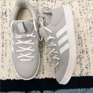 adidas Women’s Light Gray Knit Sneakers with White Stripes